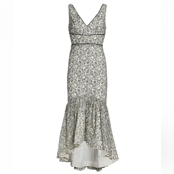 NWT ML MONIQUE LHUILLIER Floral-Embroidered V-Neck Fit-&-Flare Midi Dress sz 2 - Picture 1 of 13